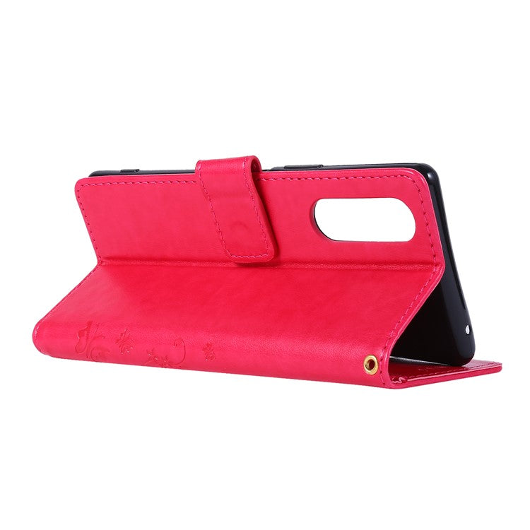 Imprint Butterflies Wallet Stand Flip Leather Case for Sony Xperia 5 - Red