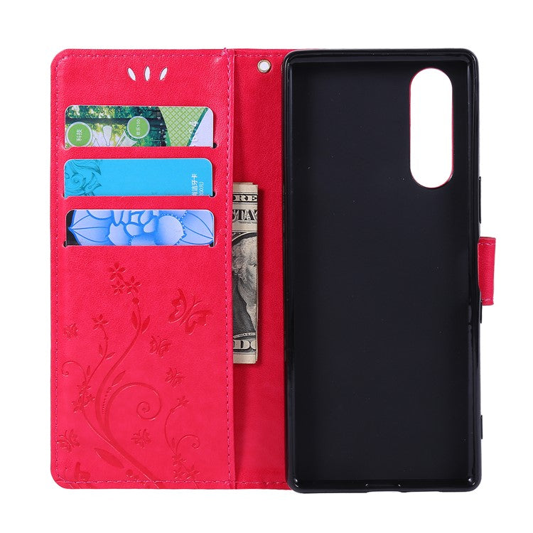Imprint Butterflies Wallet Stand Flip Leather Case for Sony Xperia 5 - Red