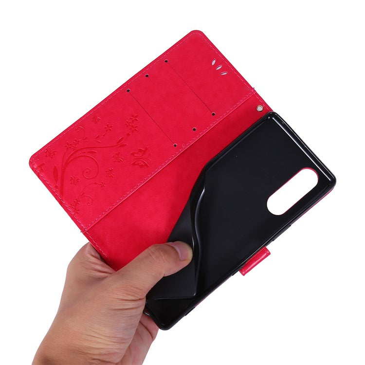 Imprint Butterflies Wallet Stand Flip Leather Case for Sony Xperia 5 - Red
