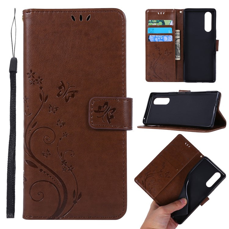 Imprint Butterflies Wallet Stand Flip Leather Case for Sony Xperia 5 - Brown