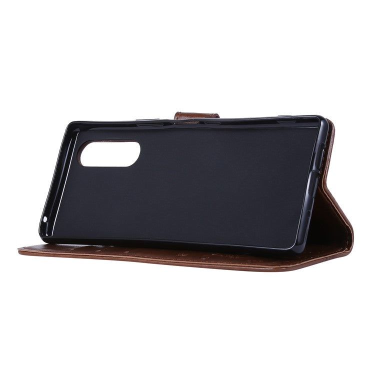 Imprint Butterflies Wallet Stand Flip Leather Case for Sony Xperia 5 - Brown