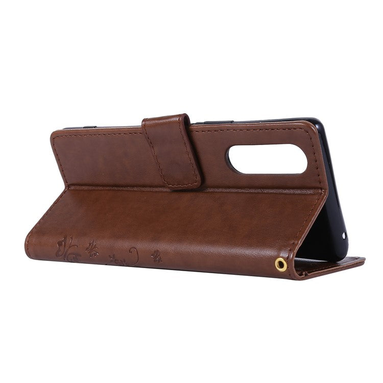 Imprint Butterflies Wallet Stand Flip Leather Case for Sony Xperia 5 - Brown