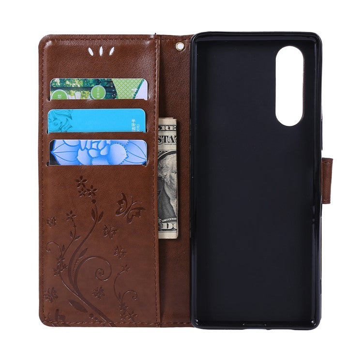 Imprint Butterflies Wallet Stand Flip Leather Case for Sony Xperia 5 - Brown