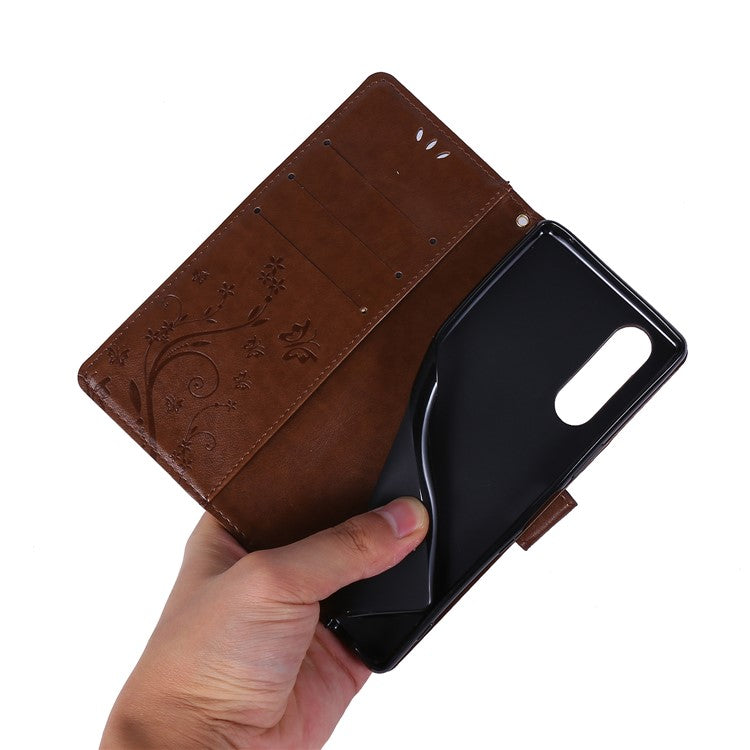Imprint Butterflies Wallet Stand Flip Leather Case for Sony Xperia 5 - Brown
