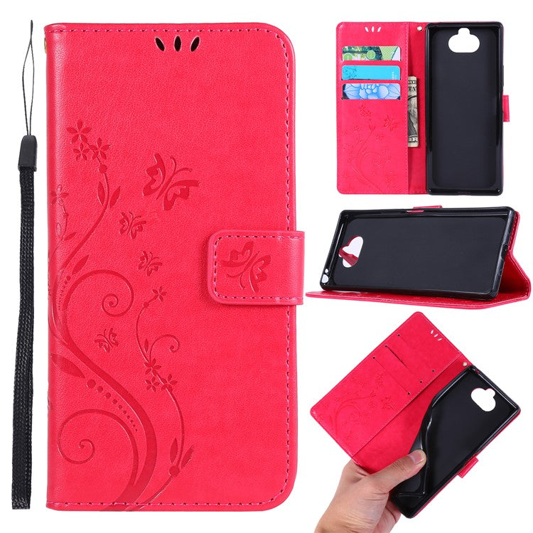 Imprint Butterflies Wallet Stand Flip Leather Cell Phone Cover for Sony Xperia 8 - Red