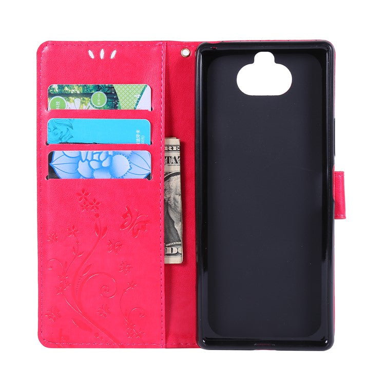 Imprint Butterflies Wallet Stand Flip Leather Cell Phone Cover for Sony Xperia 8 - Red