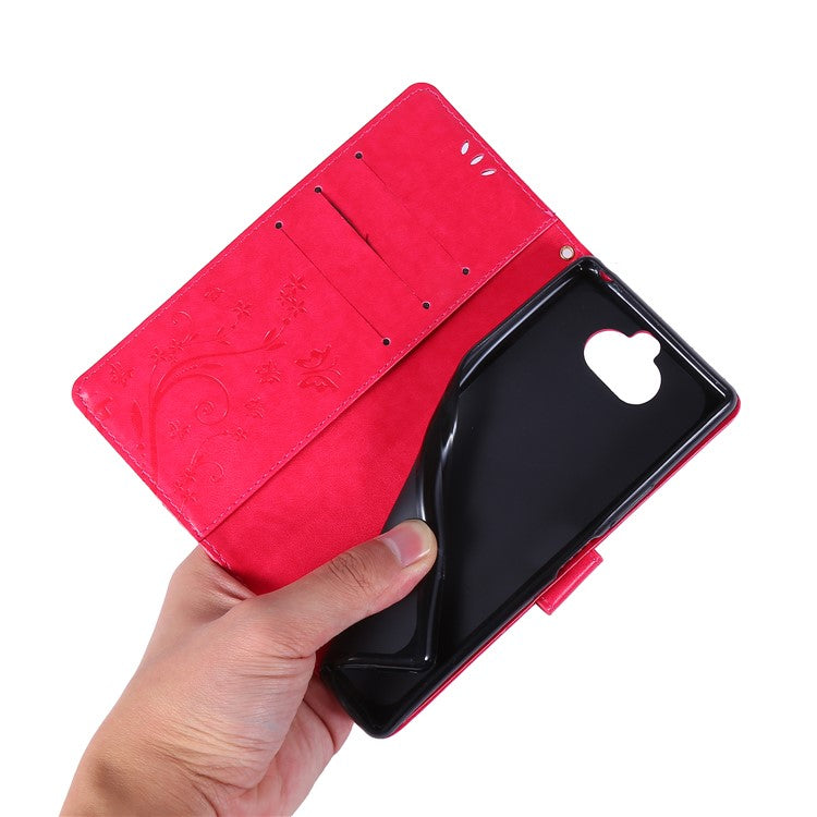 Imprint Butterflies Wallet Stand Flip Leather Cell Phone Cover for Sony Xperia 8 - Red