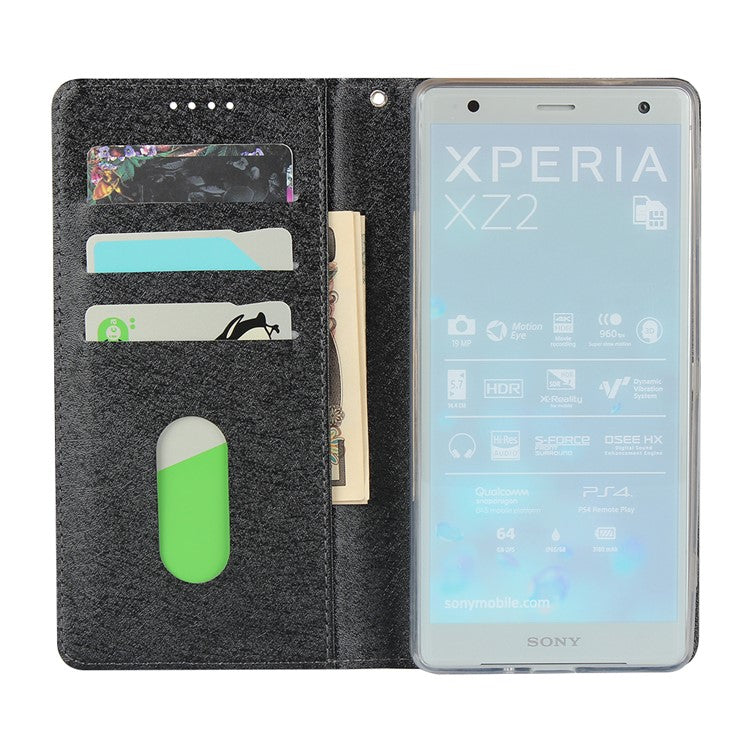 Silk Texture Leather Wallet Stand Phone Case Cover for Sony Xperia XZ2 - Black
