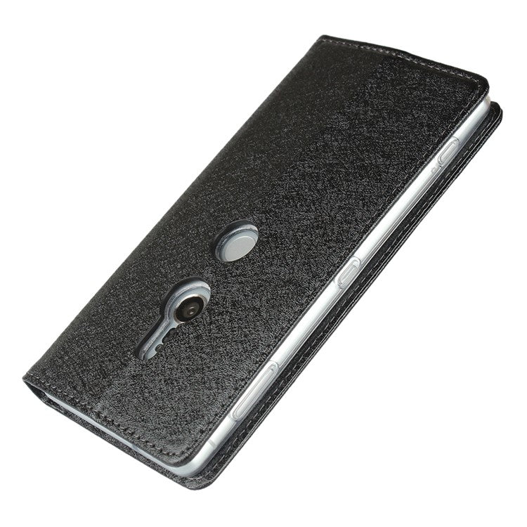 Silk Texture Leather Wallet Stand Phone Case Cover for Sony Xperia XZ2 - Black
