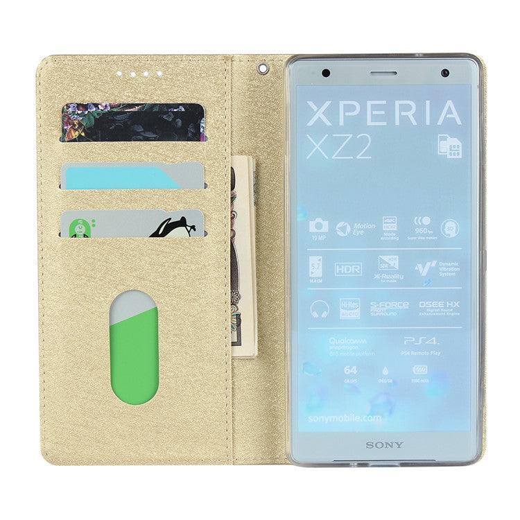 Silk Texture Leather Wallet Stand Phone Case Cover for Sony Xperia XZ2 - Gold