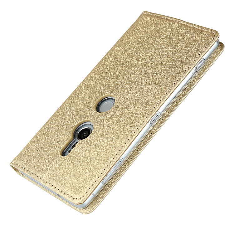 Silk Texture Leather Wallet Stand Phone Case Cover for Sony Xperia XZ2 - Gold