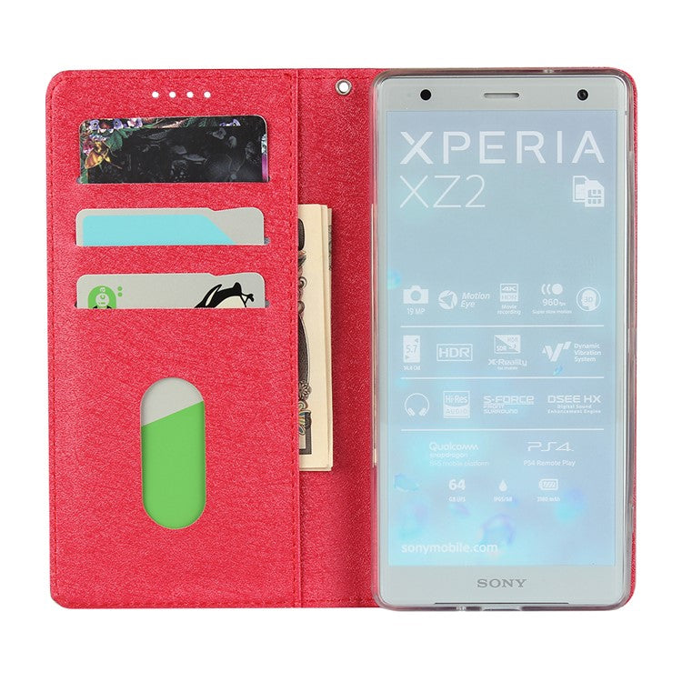 Silk Texture Leather Wallet Stand Phone Case Cover for Sony Xperia XZ2 - Red