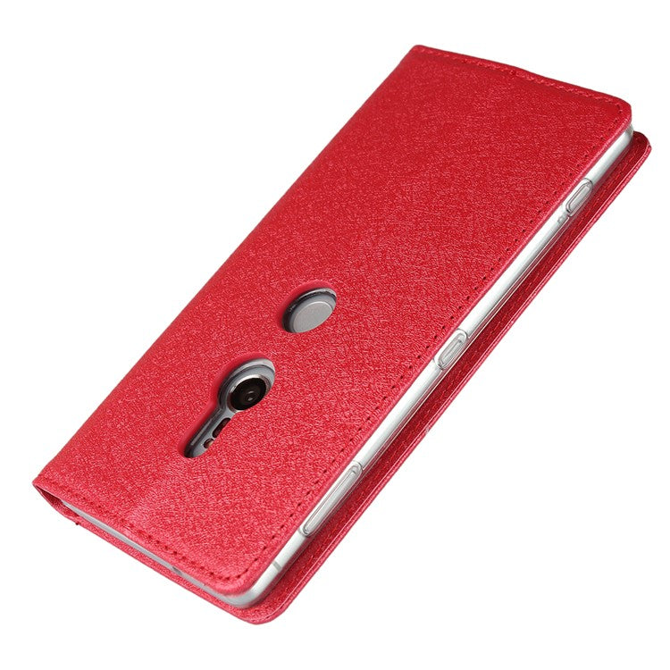 Silk Texture Leather Wallet Stand Phone Case Cover for Sony Xperia XZ2 - Red