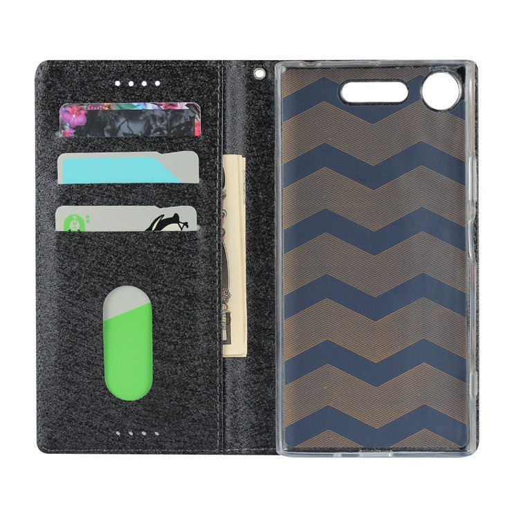 Silk Skin Wallet Stand Leather Protective Phone Case for Sony Xperia XZ1 - Black