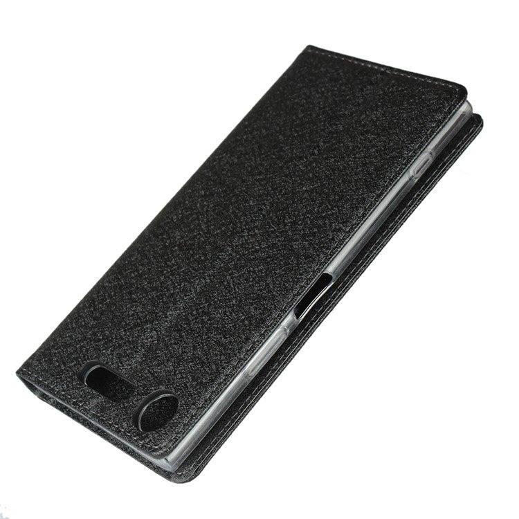 Silk Skin Wallet Stand Leather Protective Phone Case for Sony Xperia XZ1 - Black