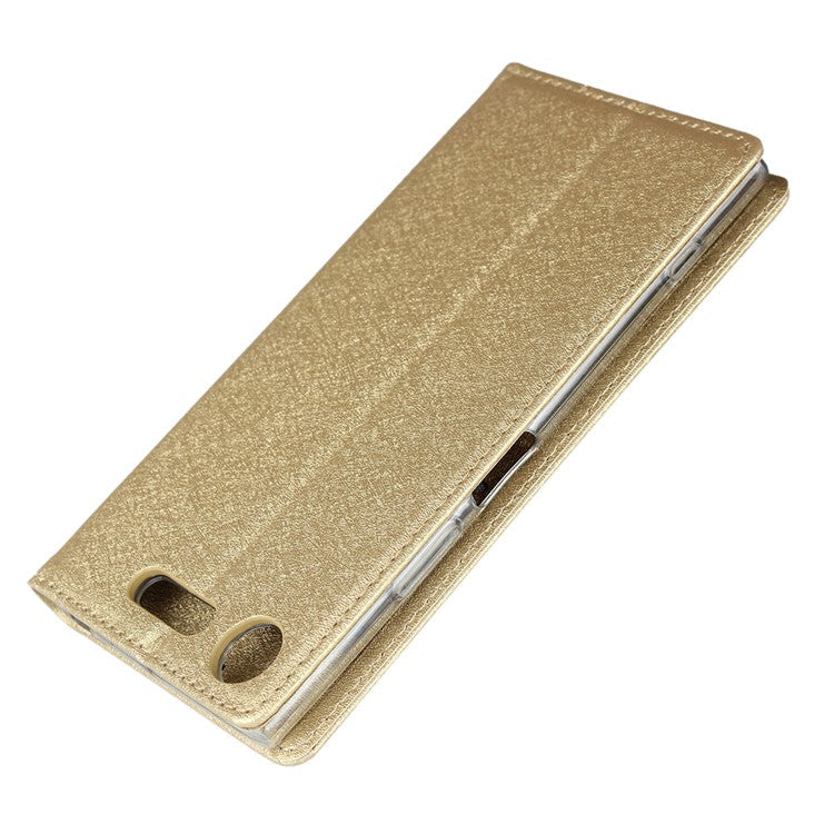 Silk Skin Wallet Stand Leather Protective Phone Case for Sony Xperia XZ1 - Gold