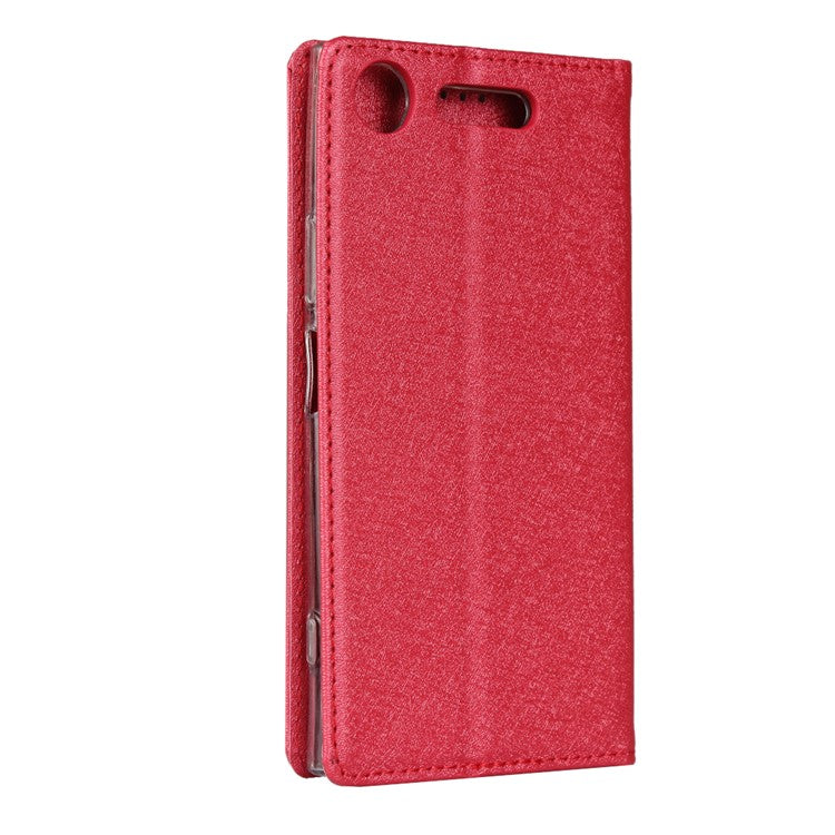 Silk Skin Wallet Stand Leather Protective Phone Case for Sony Xperia XZ1 - Red