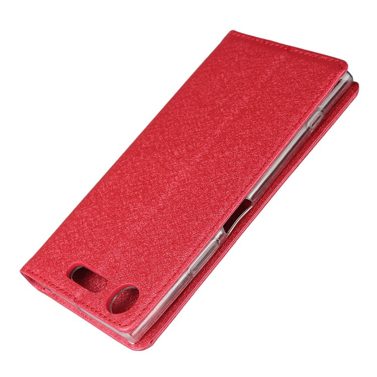 Silk Skin Wallet Stand Leather Protective Phone Case for Sony Xperia XZ1 - Red