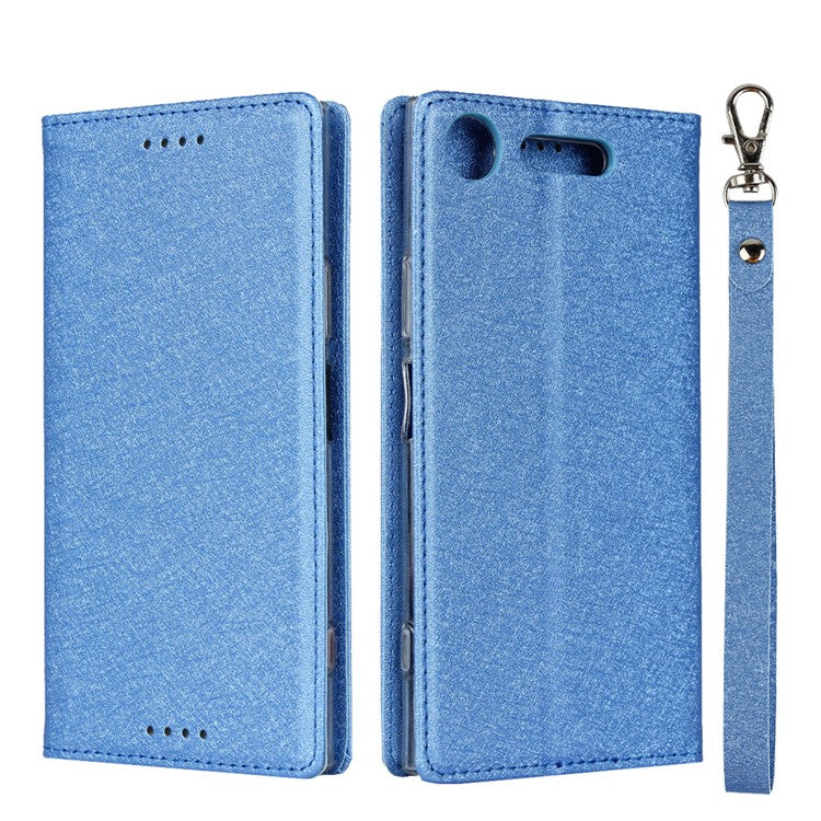 Silk Skin Wallet Stand Leather Protective Phone Case for Sony Xperia XZ1 - Blue