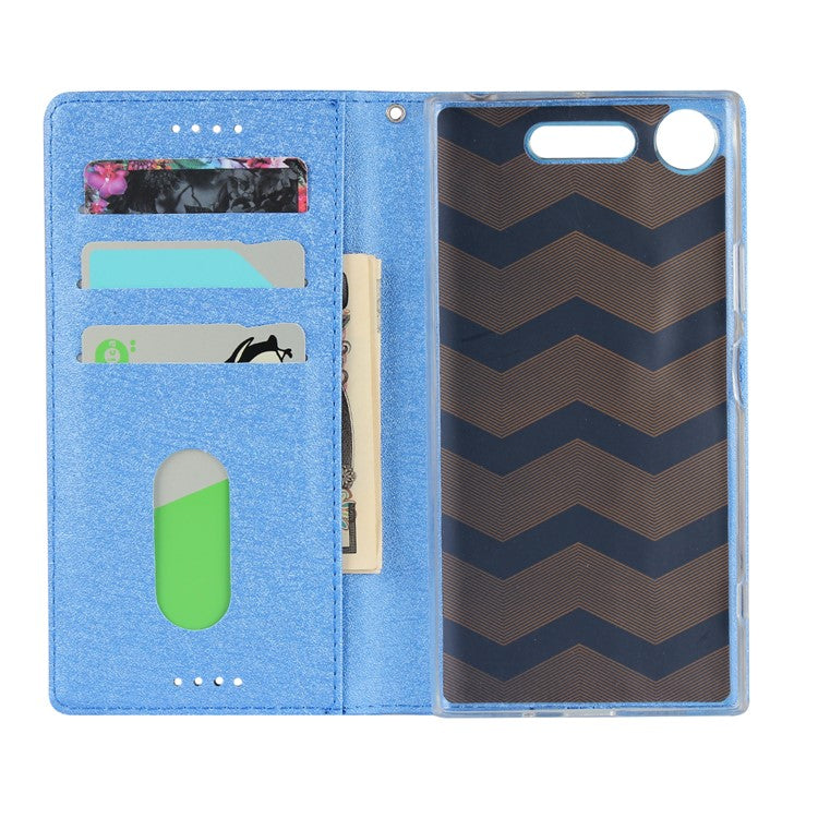 Silk Skin Wallet Stand Leather Protective Phone Case for Sony Xperia XZ1 - Blue