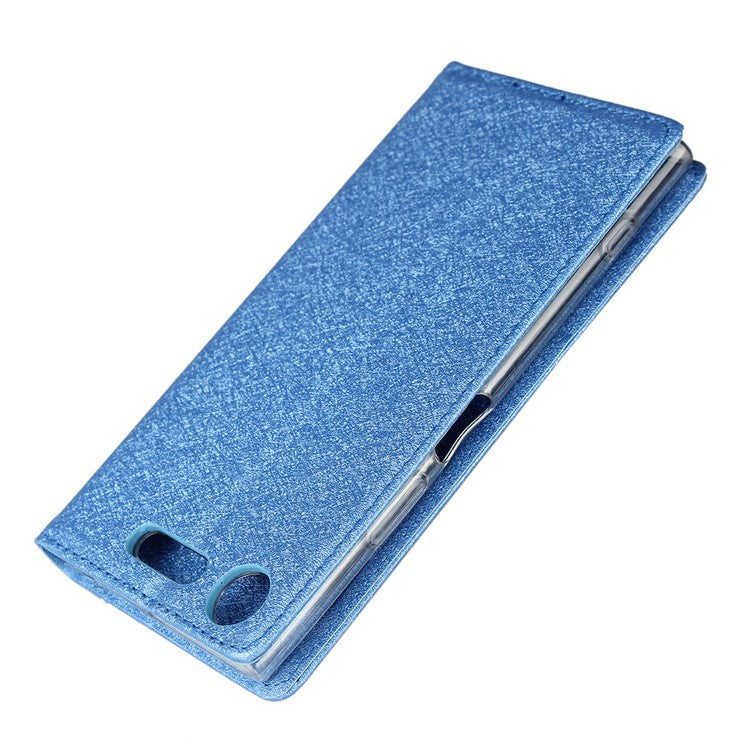 Silk Skin Wallet Stand Leather Protective Phone Case for Sony Xperia XZ1 - Blue