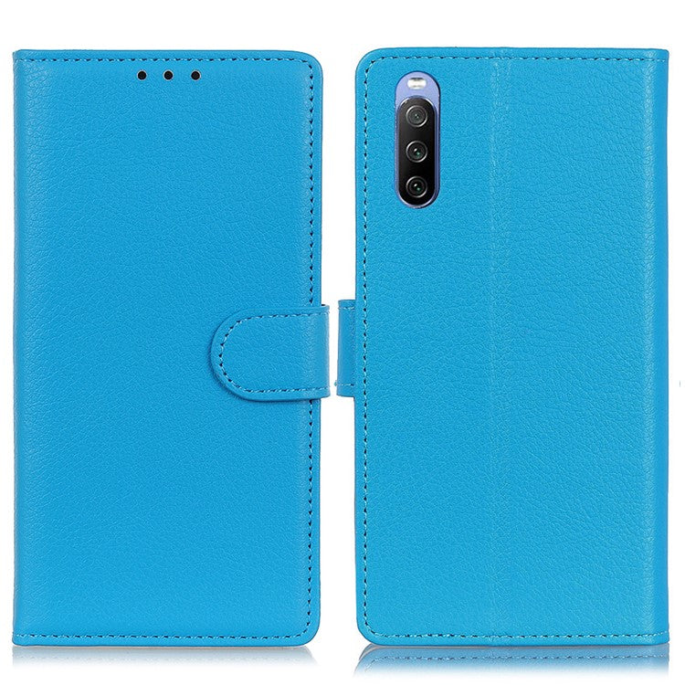 For Sony Xperia 10 II Phone Wallet Case Litchi Texture Leather Shockproof Phone Protector with Card Slots - Blue