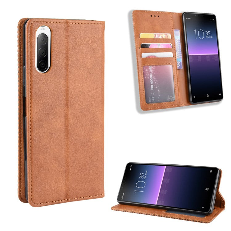 Magnetic Snap Vintage Style Leather Shell Wallet Stand Case for Sony Xperia 10 II - Brown