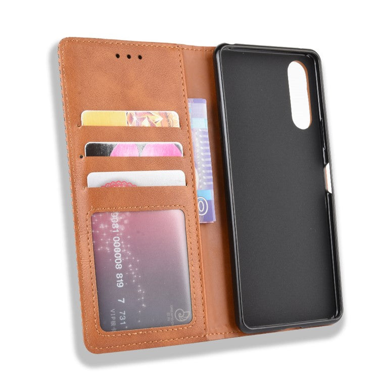 Magnetic Snap Vintage Style Leather Shell Wallet Stand Case for Sony Xperia 10 II - Brown