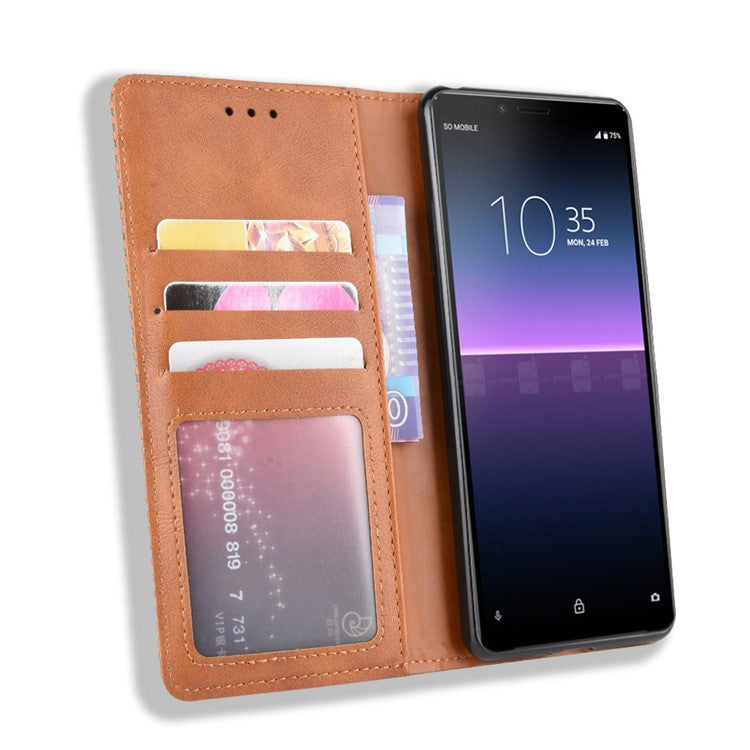 Magnetic Snap Vintage Style Leather Shell Wallet Stand Case for Sony Xperia 10 II - Brown