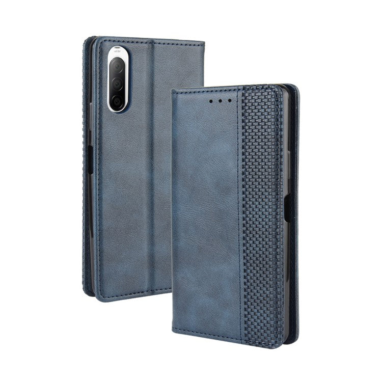 Magnetic Snap Vintage Style Leather Shell Wallet Stand Case for Sony Xperia 10 II - Blue
