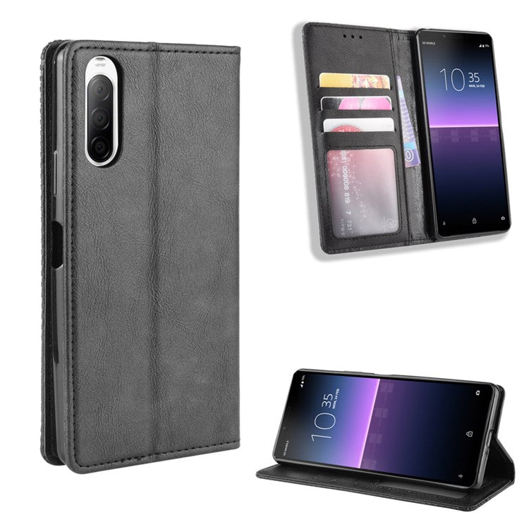 Magnetic Snap Vintage Style Leather Shell Wallet Stand Case for Sony Xperia 10 II - Black