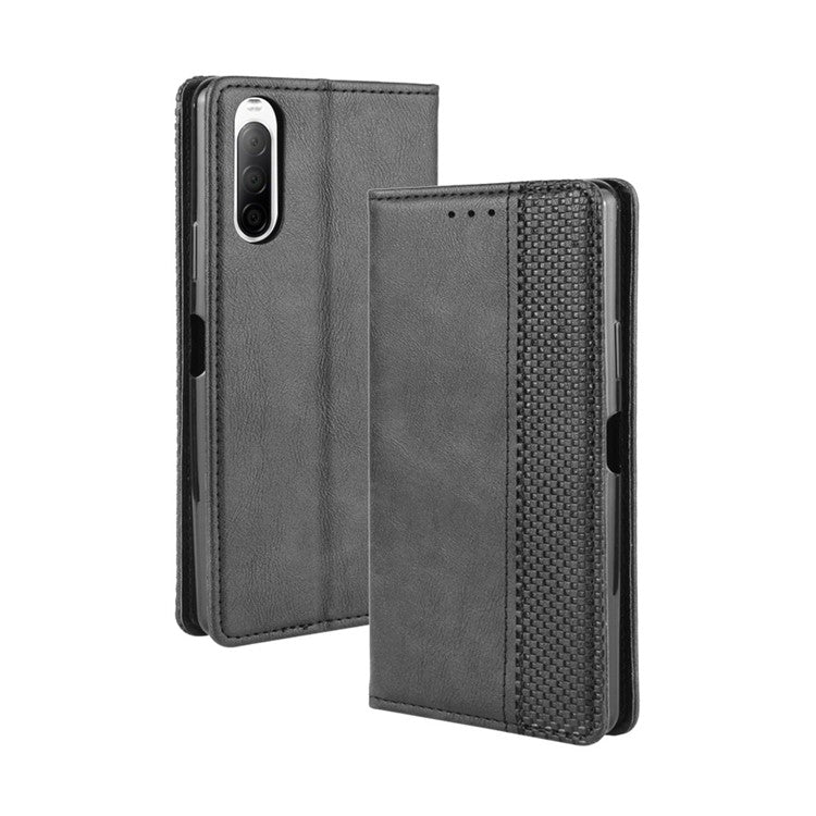 Magnetic Snap Vintage Style Leather Shell Wallet Stand Case for Sony Xperia 10 II - Black