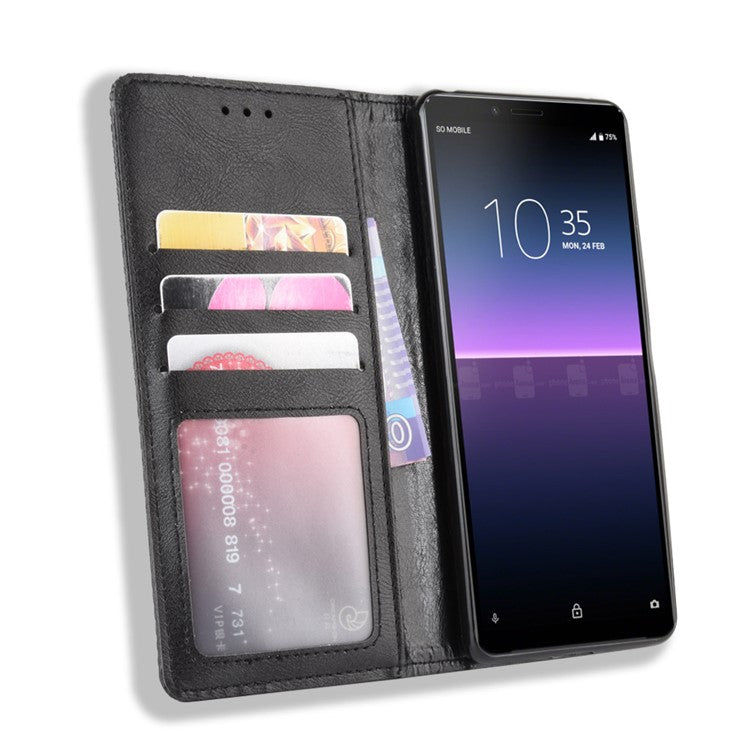 Magnetic Snap Vintage Style Leather Shell Wallet Stand Case for Sony Xperia 10 II - Black