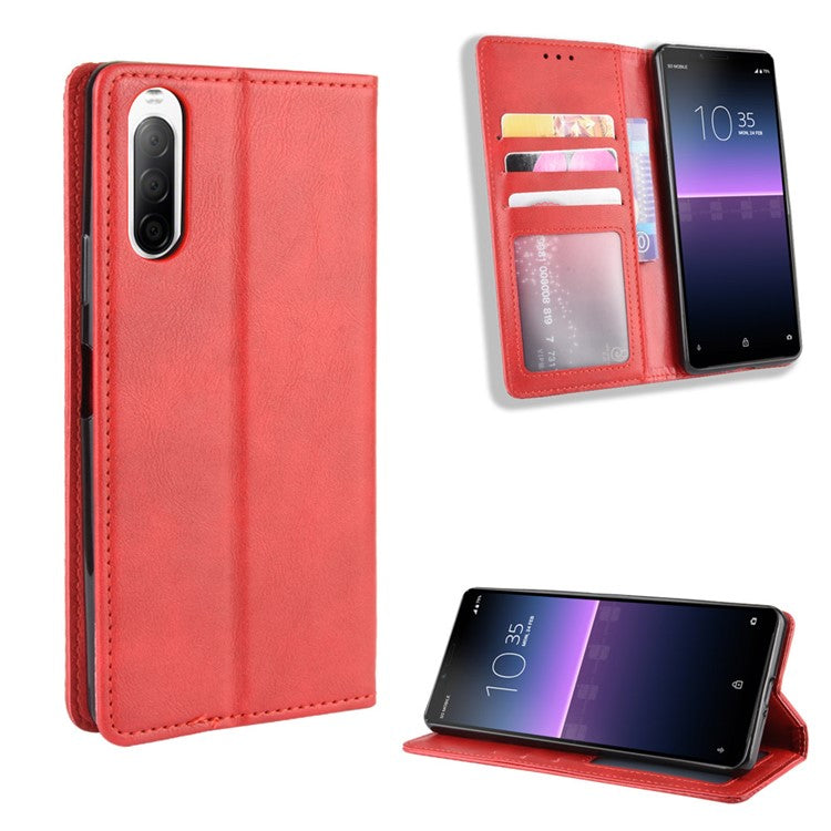 Magnetic Snap Vintage Style Leather Shell Wallet Stand Case for Sony Xperia 10 II - Red