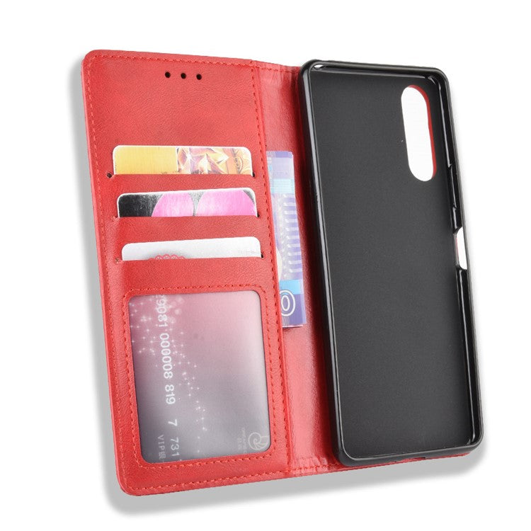 Magnetic Snap Vintage Style Leather Shell Wallet Stand Case for Sony Xperia 10 II - Red