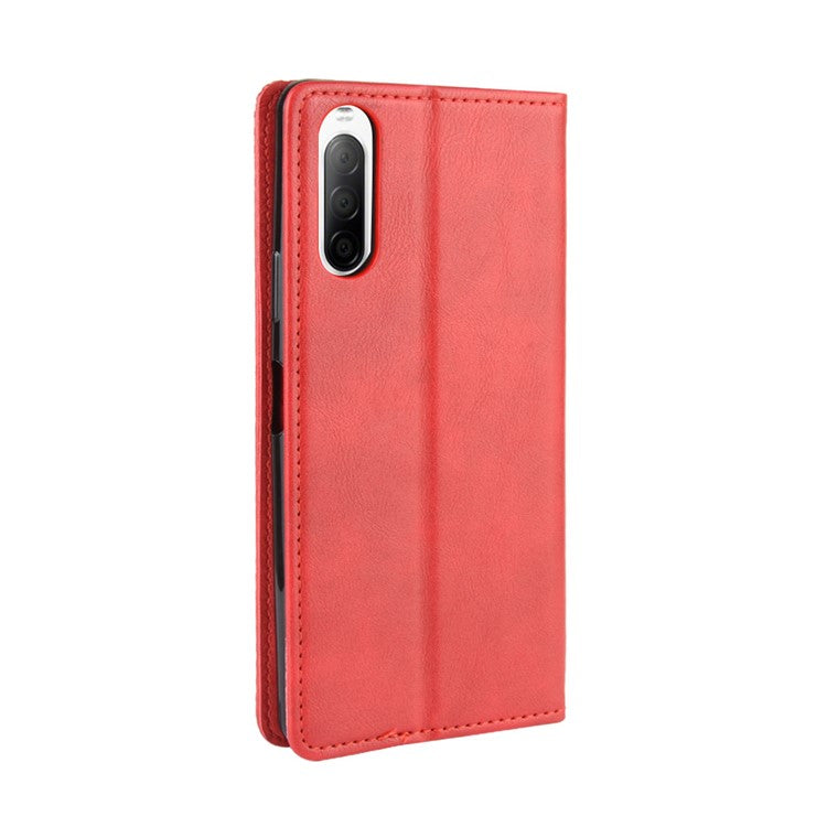 Magnetic Snap Vintage Style Leather Shell Wallet Stand Case for Sony Xperia 10 II - Red
