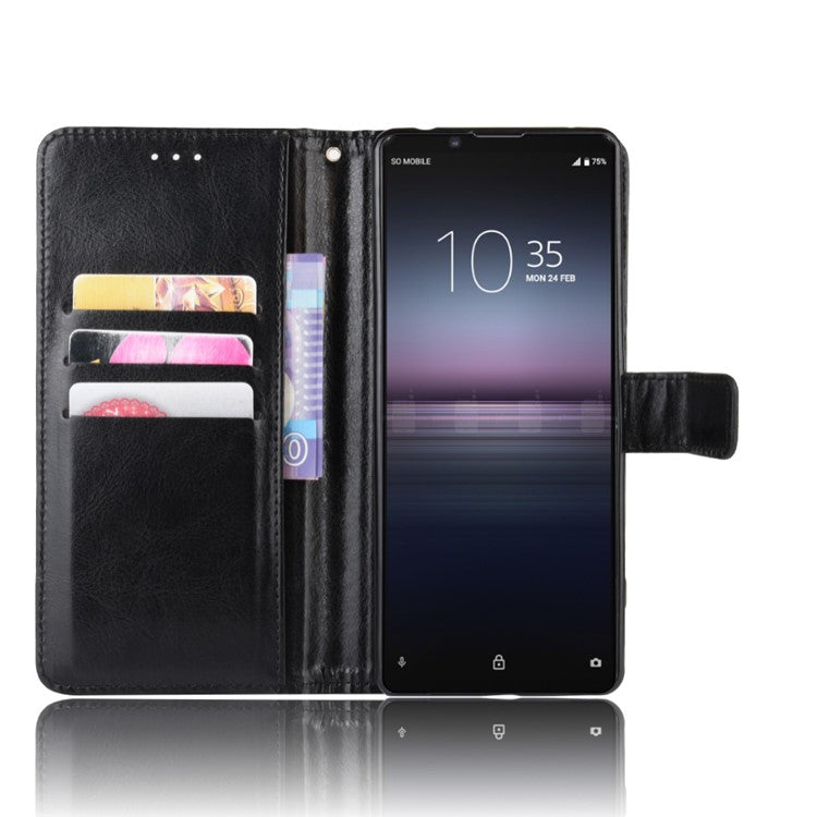 For Sony Xperia 1 II Crazy Horse PU Leather Wallet Cell Phone Cover - Black