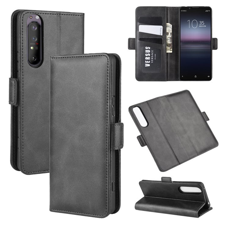 Double Clasp Flip Leather Wallet Stand Phone Cover for Sony Xperia 1 II - Black