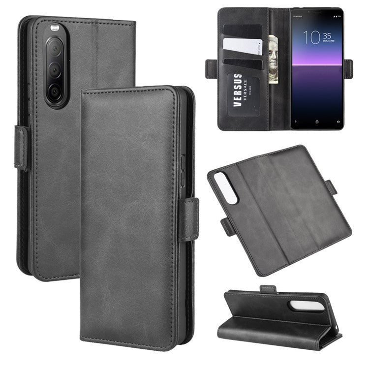 Double Clasp Flip Leather Wallet Stand Phone Shell for Sony Xperia 10 II - Black