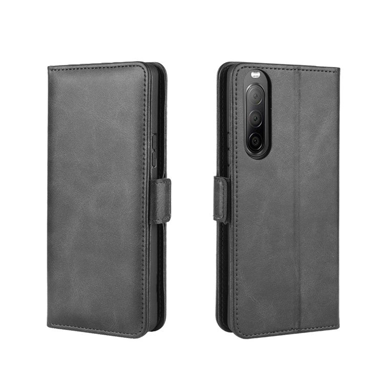 Double Clasp Flip Leather Wallet Stand Phone Shell for Sony Xperia 10 II - Black