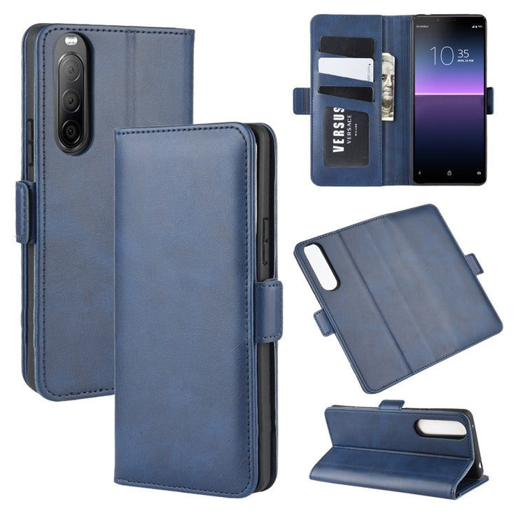 Double Clasp Flip Leather Wallet Stand Phone Shell for Sony Xperia 10 II - Blue