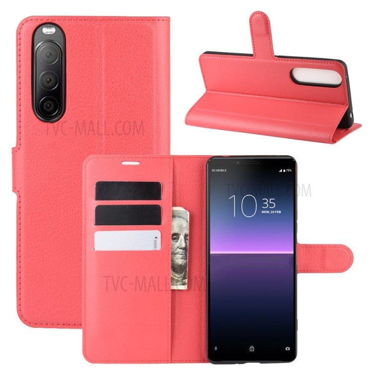 Litchi Skin Magnetic Leather Stand Case for Sony Xperia 10 II Wallet Card Holder Design Phone Case - Red