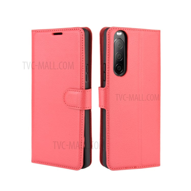 Litchi Skin Magnetic Leather Stand Case for Sony Xperia 10 II Wallet Card Holder Design Phone Case - Red
