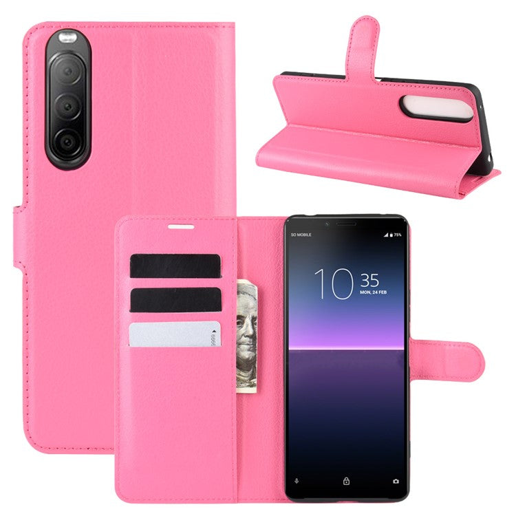 Litchi Skin Magnetic Leather Stand Case for Sony Xperia 10 II Wallet Card Holder Design Phone Case - Rose