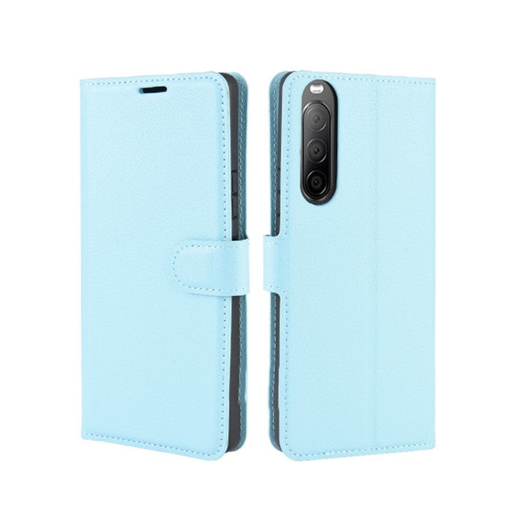 Litchi Skin Magnetic Leather Stand Case for Sony Xperia 10 II Wallet Card Holder Design Phone Case - Baby Blue