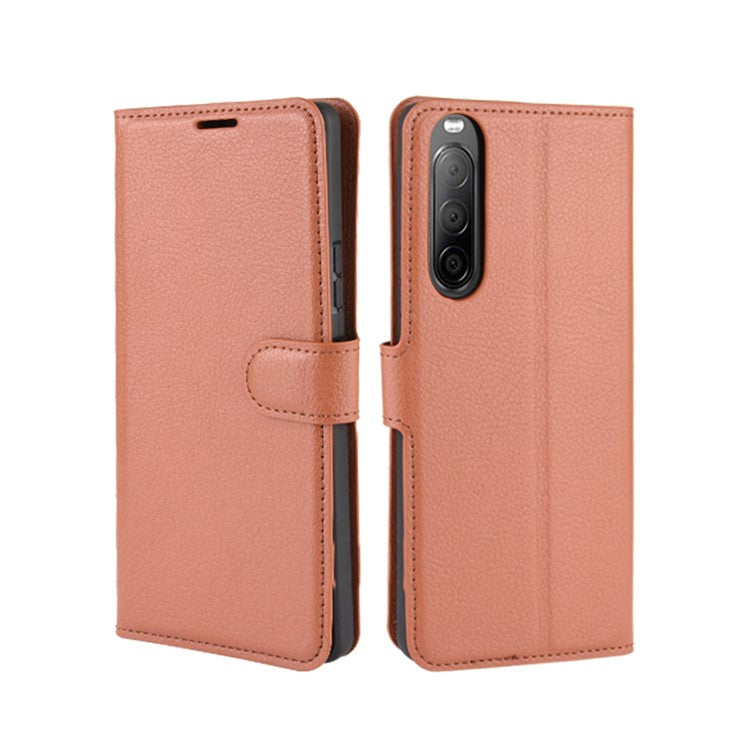 Litchi Skin Magnetic Leather Stand Case for Sony Xperia 10 II Wallet Card Holder Design Phone Case - Brown