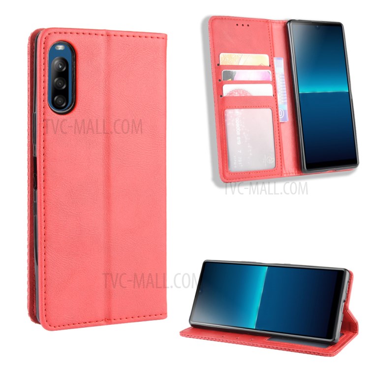 Auto-absorbed Retro PU Leather Wallet Cell Phone Cover for Sony Xperia L4 - Red