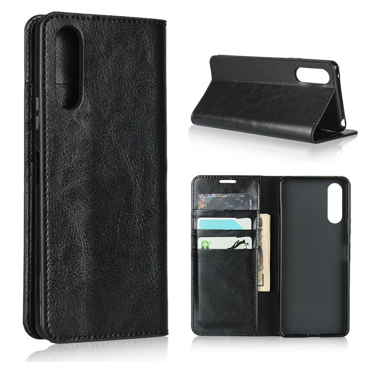 Crazy Horse Wallet Stand Genuine Leather Case Phone Shell for Sony Xperia 10 II - Black