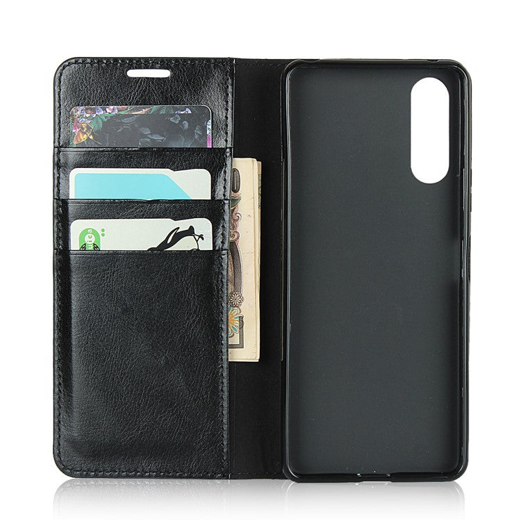Crazy Horse Wallet Stand Genuine Leather Case Phone Shell for Sony Xperia 10 II - Black