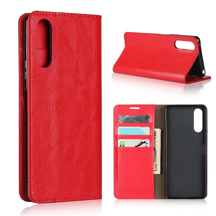 Crazy Horse Wallet Stand Genuine Leather Case Phone Shell for Sony Xperia 10 II - Red
